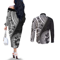 Hibiscus With Black Austronesian Tattoo Pattern Couples Matching Off The Shoulder Long Sleeve Dress and Long Sleeve Button Shirt LT05 - Polynesian Pride