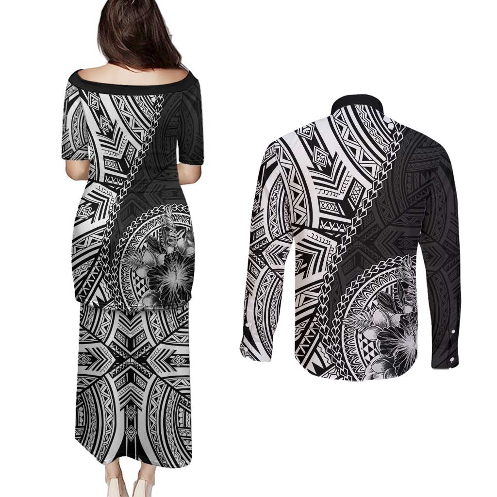 Hibiscus With Black Austronesian Tattoo Pattern Couples Matching Puletasi and Long Sleeve Button Shirt LT05 - Polynesian Pride