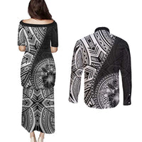 Hibiscus With Black Austronesian Tattoo Pattern Couples Matching Puletasi and Long Sleeve Button Shirt LT05 - Polynesian Pride