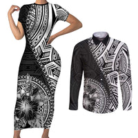 Hibiscus With Black Austronesian Tattoo Pattern Couples Matching Short Sleeve Bodycon Dress and Long Sleeve Button Shirt LT05 Black - Polynesian Pride