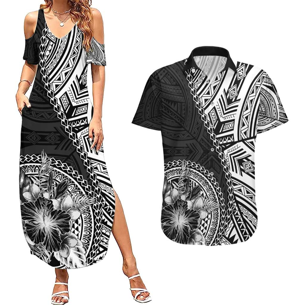 Hibiscus With Black Austronesian Tattoo Pattern Couples Matching Summer Maxi Dress and Hawaiian Shirt - Polynesian Pride