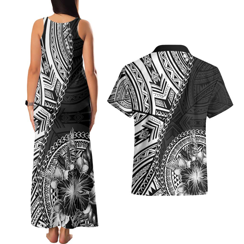 Hibiscus With Black Austronesian Tattoo Pattern Couples Matching Tank Maxi Dress and Hawaiian Shirt - Polynesian Pride