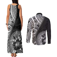 Hibiscus With Black Austronesian Tattoo Pattern Couples Matching Tank Maxi Dress and Long Sleeve Button Shirt LT05 - Polynesian Pride