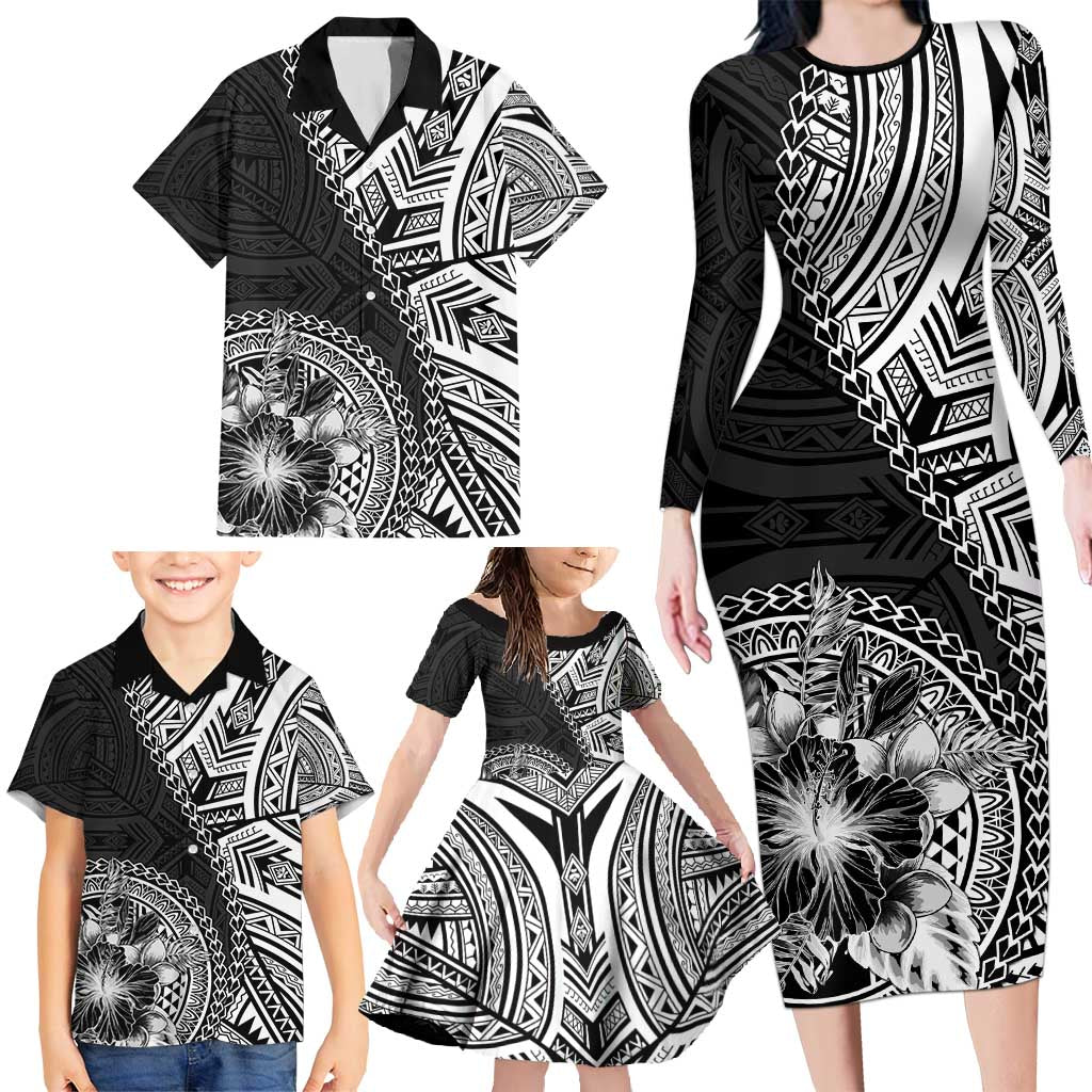 Hibiscus With Black Austronesian Tattoo Pattern Family Matching Long Sleeve Bodycon Dress and Hawaiian Shirt - Polynesian Pride