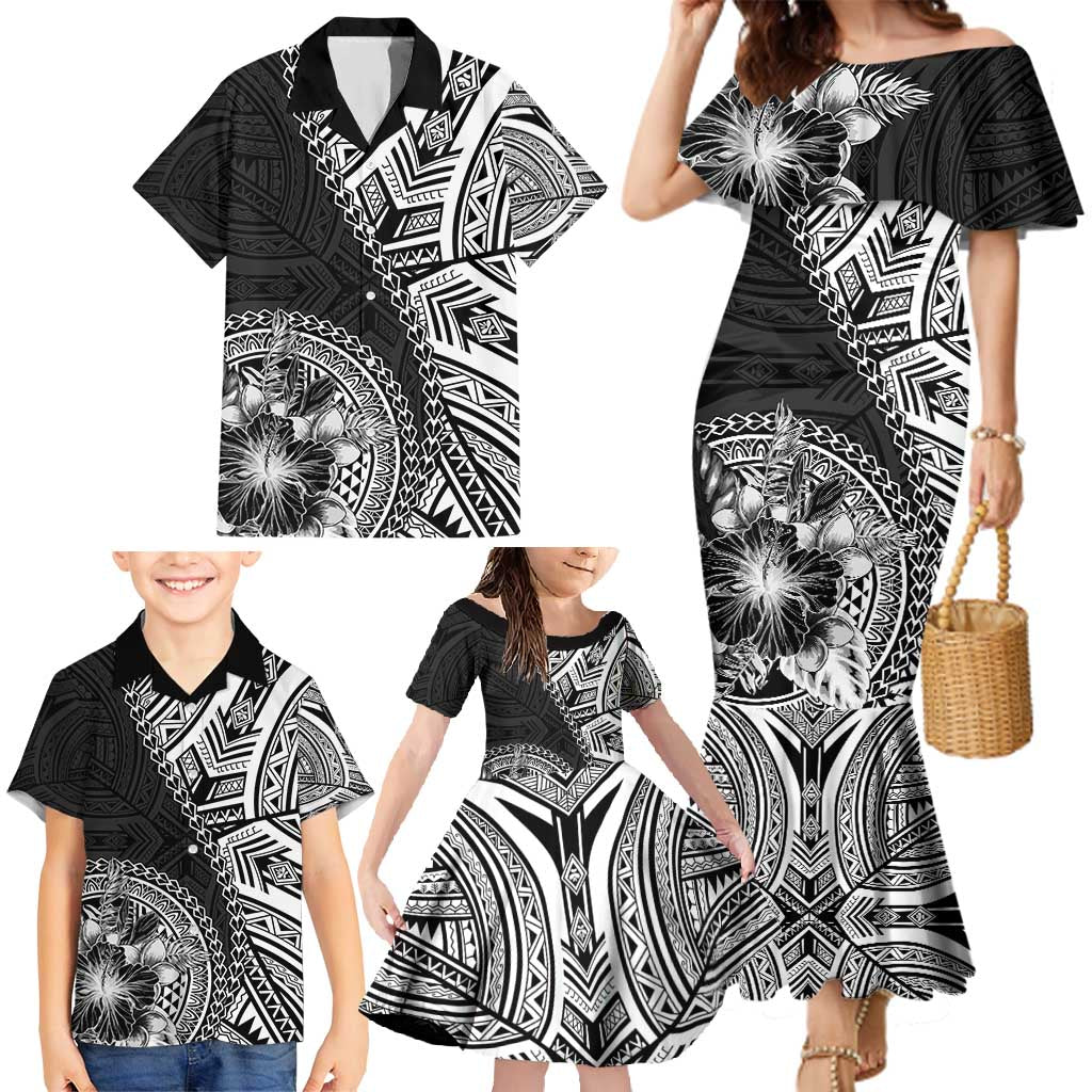 Hibiscus With Black Austronesian Tattoo Pattern Family Matching Mermaid Dress and Hawaiian Shirt - Polynesian Pride