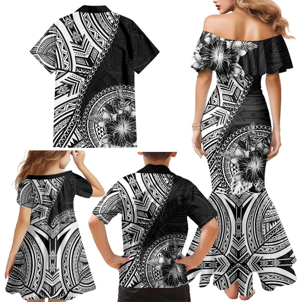 Hibiscus With Black Austronesian Tattoo Pattern Family Matching Mermaid Dress and Hawaiian Shirt - Polynesian Pride