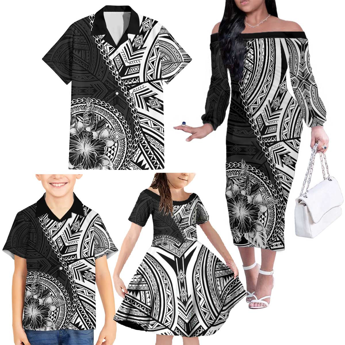 Hibiscus With Black Austronesian Tattoo Pattern Family Matching Off The Shoulder Long Sleeve Dress and Hawaiian Shirt - Polynesian Pride