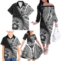 Hibiscus With Black Austronesian Tattoo Pattern Family Matching Off The Shoulder Long Sleeve Dress and Hawaiian Shirt - Polynesian Pride