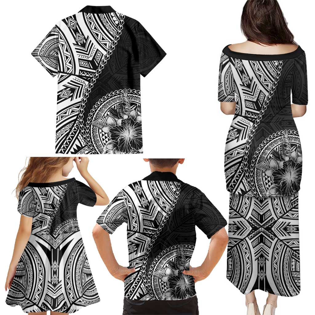 Hibiscus With Black Austronesian Tattoo Pattern Family Matching Puletasi and Hawaiian Shirt - Polynesian Pride