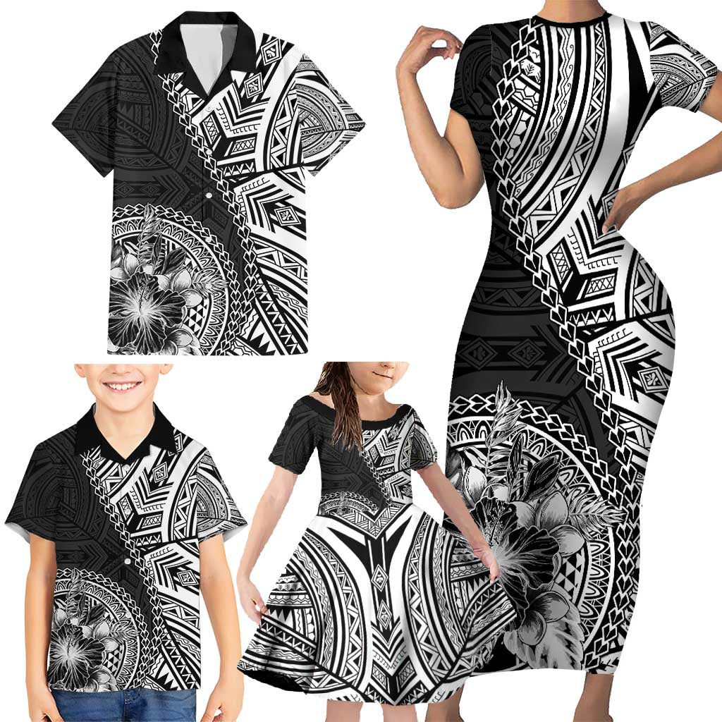 Hibiscus With Black Austronesian Tattoo Pattern Family Matching Short Sleeve Bodycon Dress and Hawaiian Shirt - Polynesian Pride