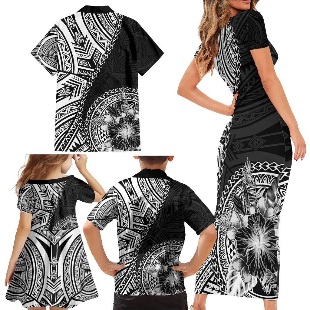 Hibiscus With Black Austronesian Tattoo Pattern Family Matching Short Sleeve Bodycon Dress and Hawaiian Shirt - Polynesian Pride