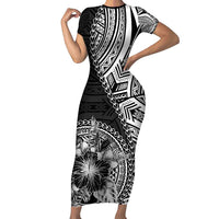 Hibiscus With Black Austronesian Tattoo Pattern Family Matching Short Sleeve Bodycon Dress and Hawaiian Shirt - Polynesian Pride