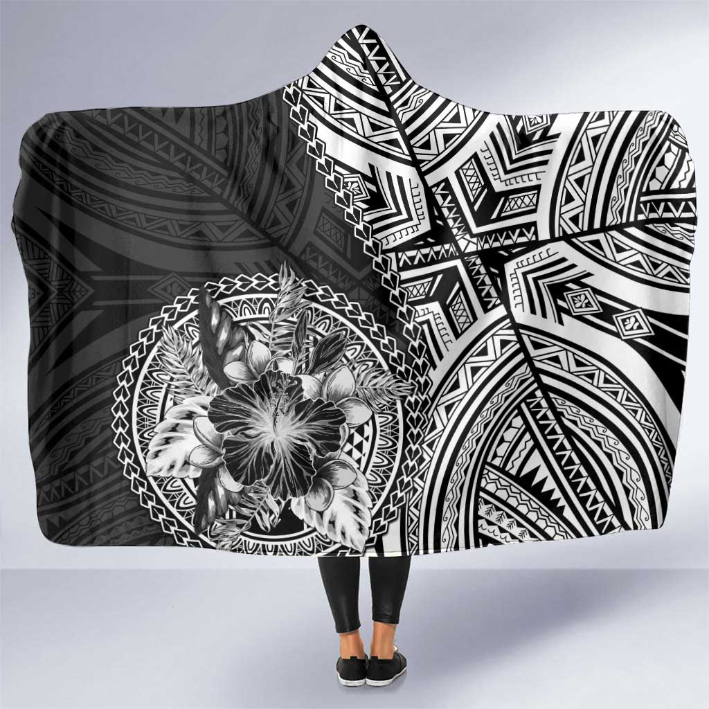 Hibiscus With Black Austronesian Tattoo Pattern Hooded Blanket - Polynesian Pride