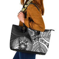 Hibiscus With Black Austronesian Tattoo Pattern Leather Tote Bag - Polynesian Pride