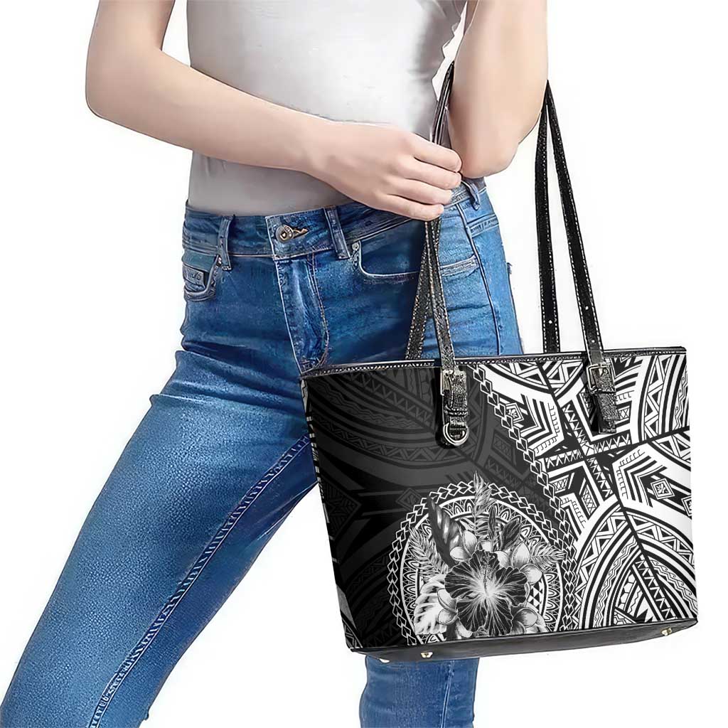 Hibiscus With Black Austronesian Tattoo Pattern Leather Tote Bag - Polynesian Pride