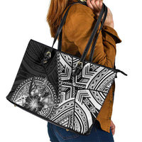 Hibiscus With Black Austronesian Tattoo Pattern Leather Tote Bag - Polynesian Pride