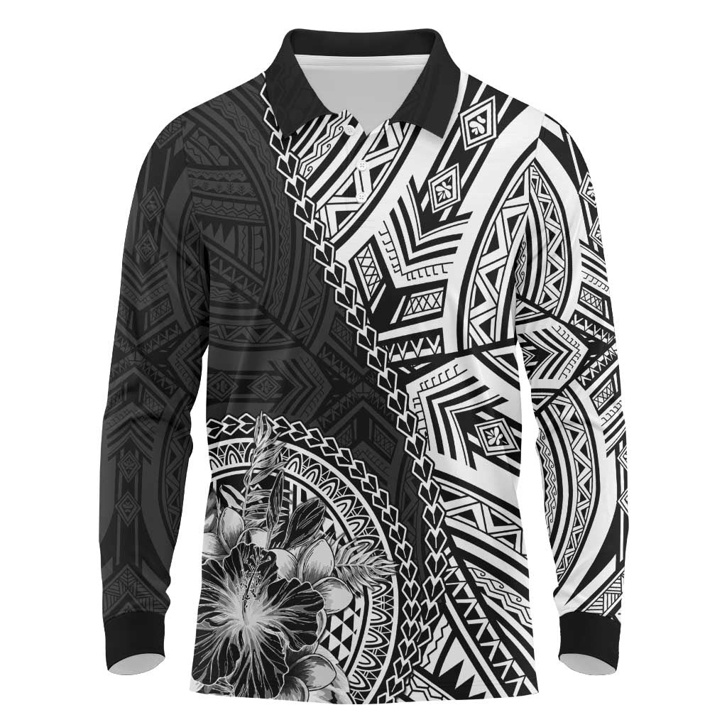 Hibiscus With Black Austronesian Tattoo Pattern Long Sleeve Polo Shirt - Polynesian Pride