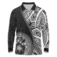 Hibiscus With Black Austronesian Tattoo Pattern Long Sleeve Polo Shirt - Polynesian Pride