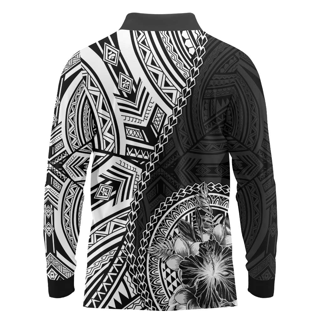 Hibiscus With Black Austronesian Tattoo Pattern Long Sleeve Polo Shirt - Polynesian Pride