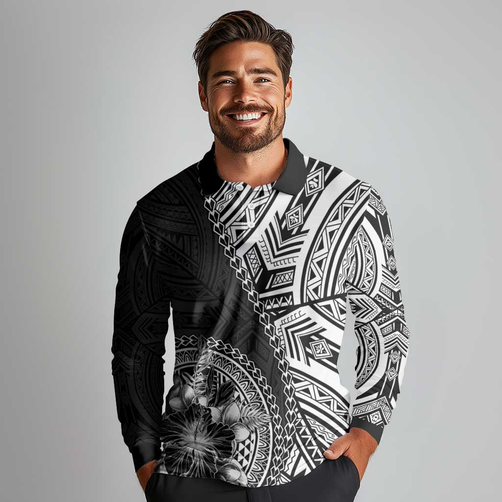 Hibiscus With Black Austronesian Tattoo Pattern Long Sleeve Polo Shirt - Polynesian Pride