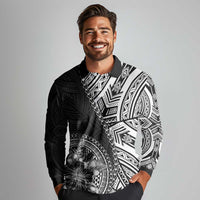 Hibiscus With Black Austronesian Tattoo Pattern Long Sleeve Polo Shirt - Polynesian Pride