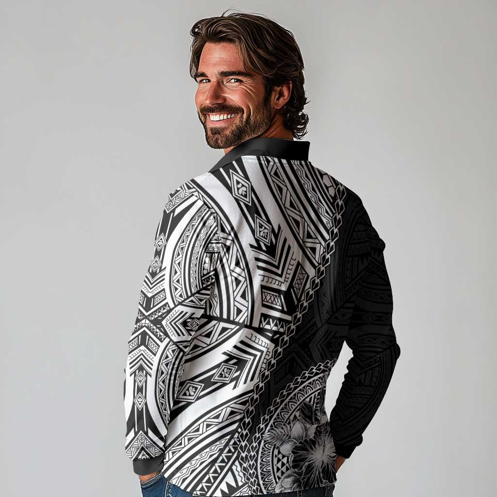 Hibiscus With Black Austronesian Tattoo Pattern Long Sleeve Polo Shirt - Polynesian Pride