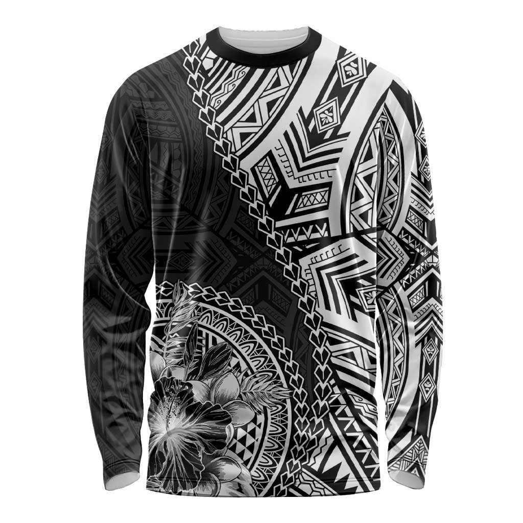 Hibiscus With Black Austronesian Tattoo Pattern Long Sleeve Shirt LT05 Unisex Black - Polynesian Pride