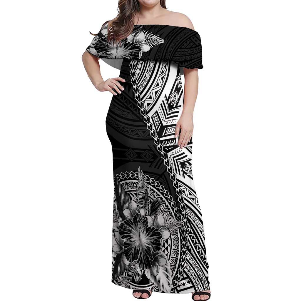 Hibiscus With Black Austronesian Tattoo Pattern Off Shoulder Maxi Dress LT05 Women Black - Polynesian Pride