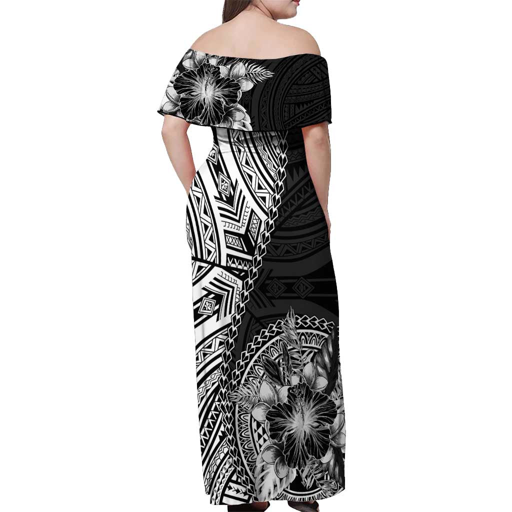 Hibiscus With Black Austronesian Tattoo Pattern Off Shoulder Maxi Dress LT05 - Polynesian Pride