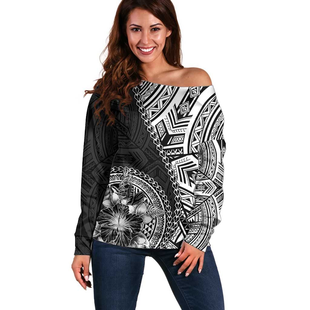 Hibiscus With Black Austronesian Tattoo Pattern Off Shoulder Sweater - Polynesian Pride