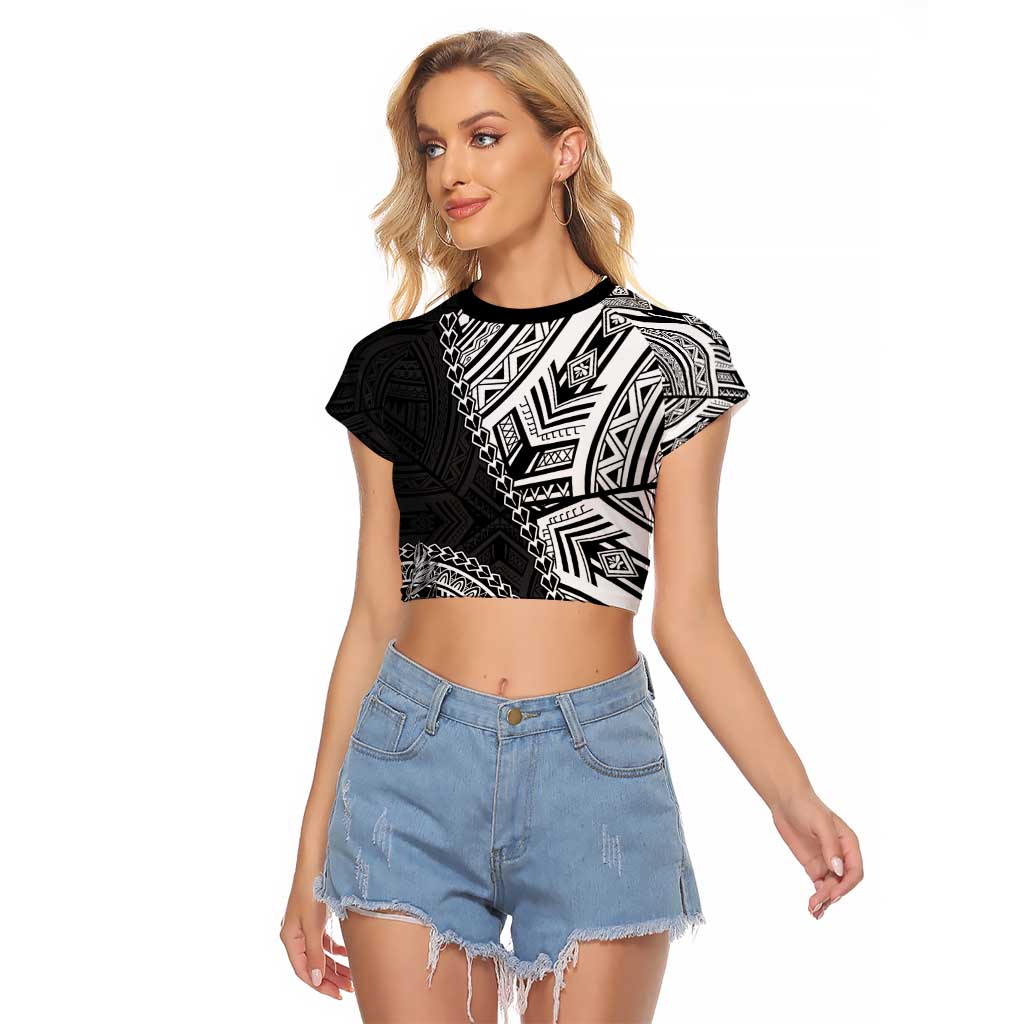 Hibiscus With Black Austronesian Tattoo Pattern Raglan Cropped T Shirt - Polynesian Pride
