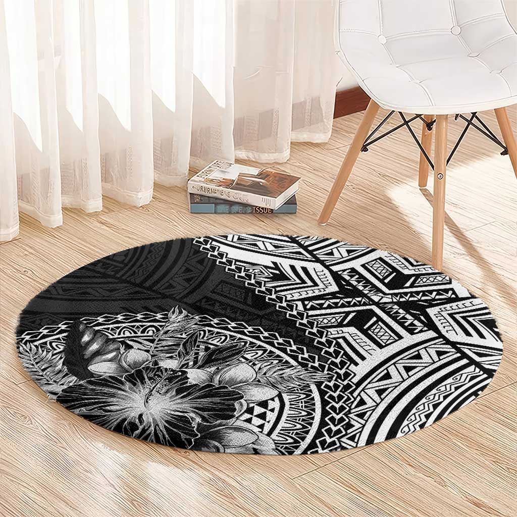 Hibiscus With Black Austronesian Tattoo Pattern Round Carpet - Polynesian Pride