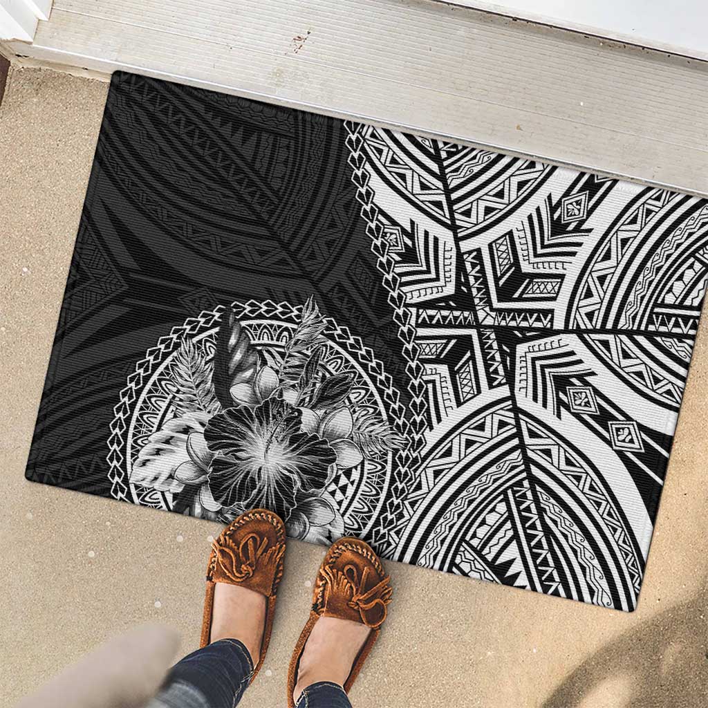 Hibiscus With Black Austronesian Tattoo Pattern Rubber Doormat LT05 - Polynesian Pride