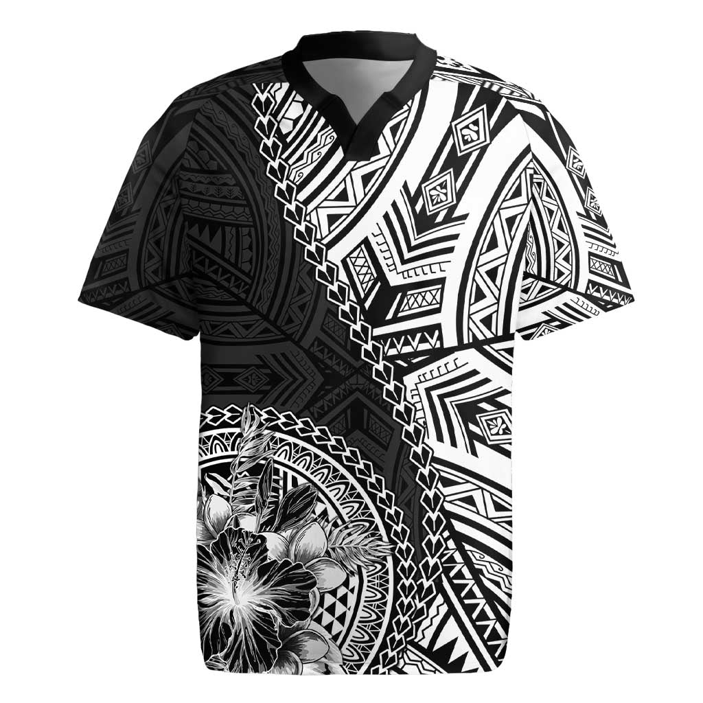 Hibiscus With Black Austronesian Tattoo Pattern Rugby Jersey LT05 Black - Polynesian Pride
