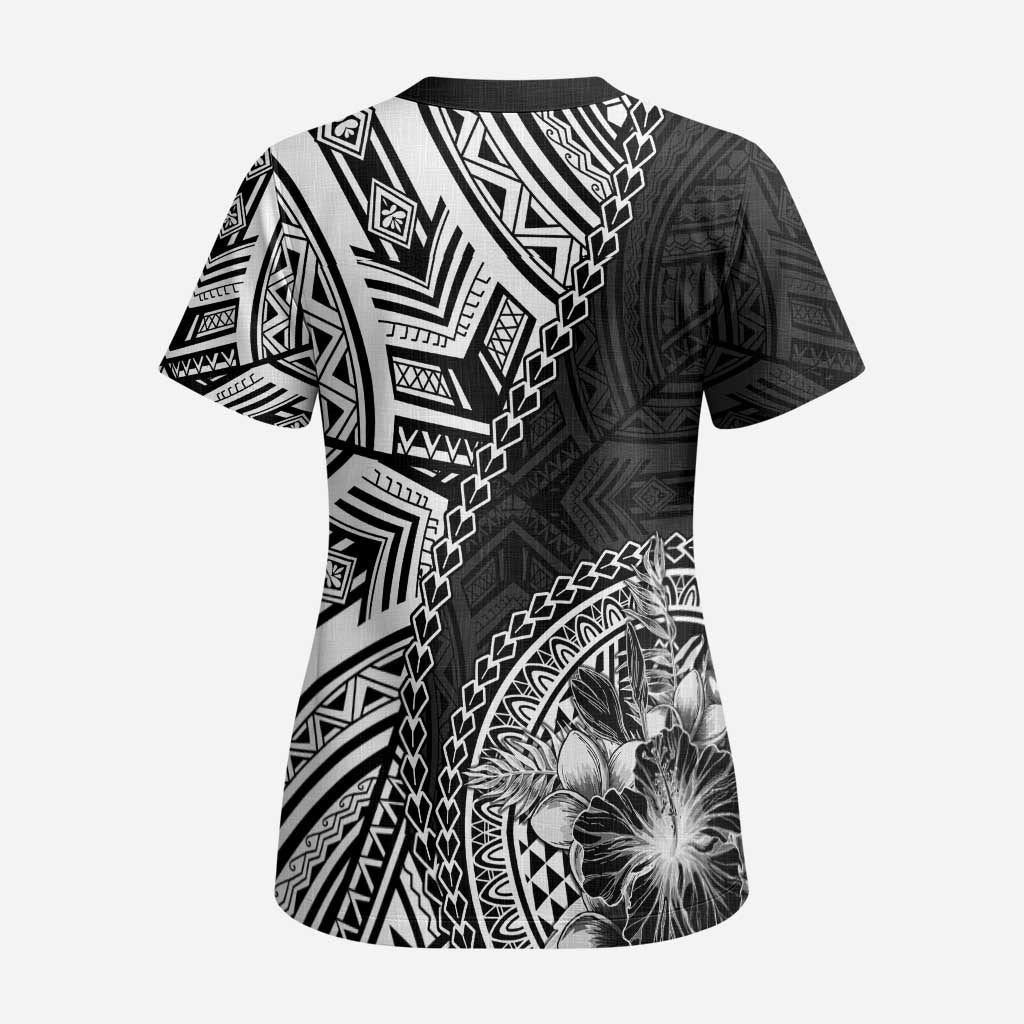 Hibiscus With Black Austronesian Tattoo Pattern Scrub Top LT05 - Polynesian Pride