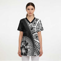 Hibiscus With Black Austronesian Tattoo Pattern Scrub Top LT05 - Polynesian Pride