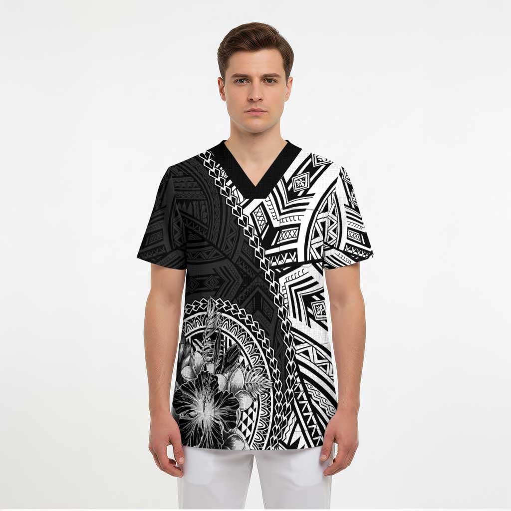 Hibiscus With Black Austronesian Tattoo Pattern Scrub Top LT05 - Polynesian Pride