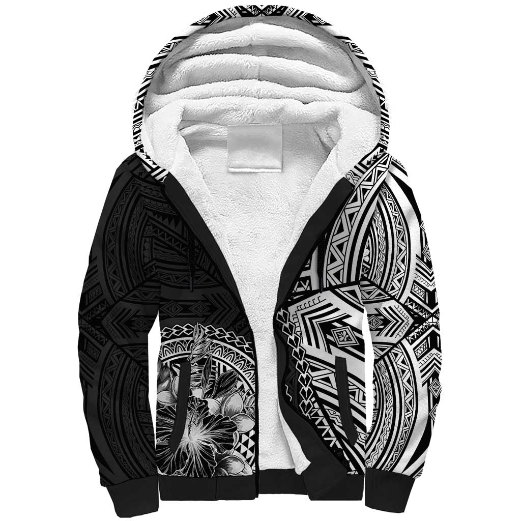 Hibiscus With Black Austronesian Tattoo Pattern Sherpa Hoodie LT05 Unisex Black - Polynesian Pride