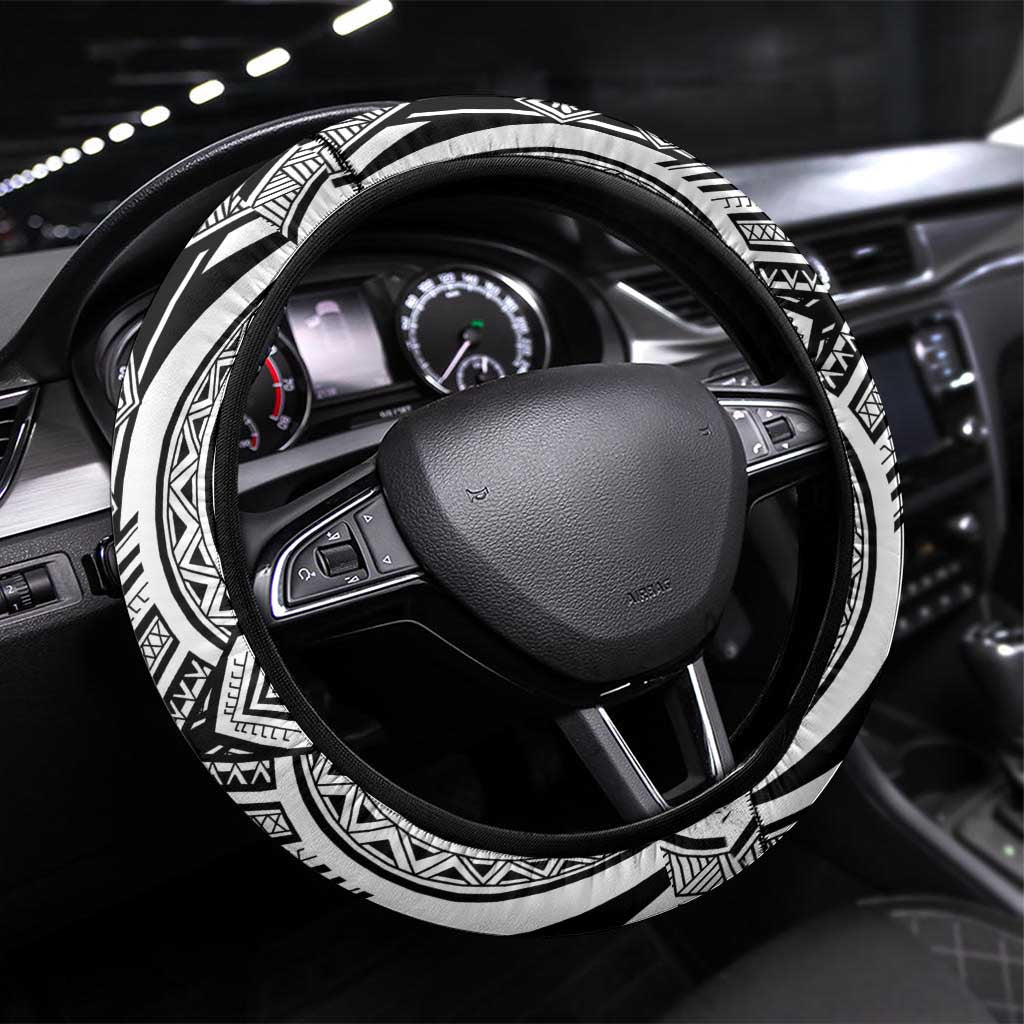 Hibiscus With Black Austronesian Tattoo Pattern Steering Wheel Cover LT05 Universal Fit Black - Polynesian Pride