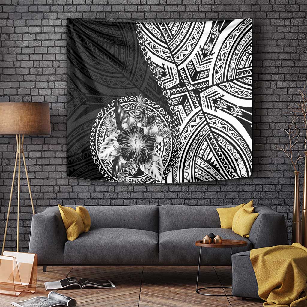 Hibiscus With Black Austronesian Tattoo Pattern Tapestry - Polynesian Pride