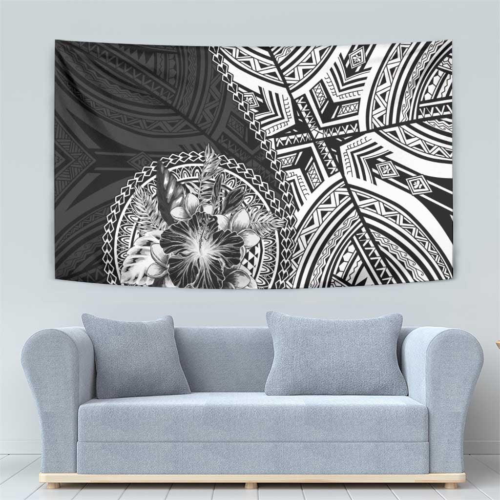 Hibiscus With Black Austronesian Tattoo Pattern Tapestry - Polynesian Pride
