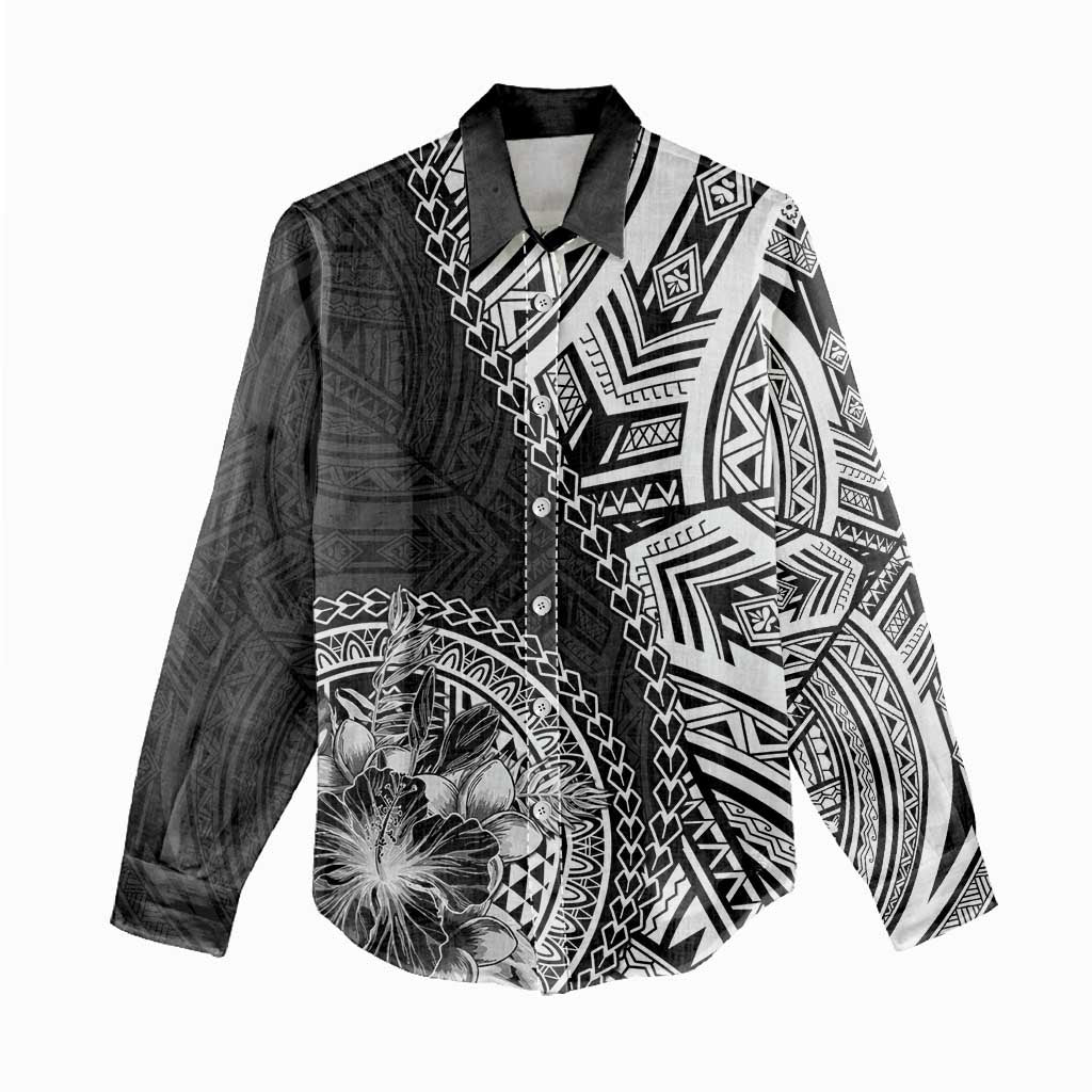 Hibiscus With Black Austronesian Tattoo Pattern Women Casual Shirt - Polynesian Pride