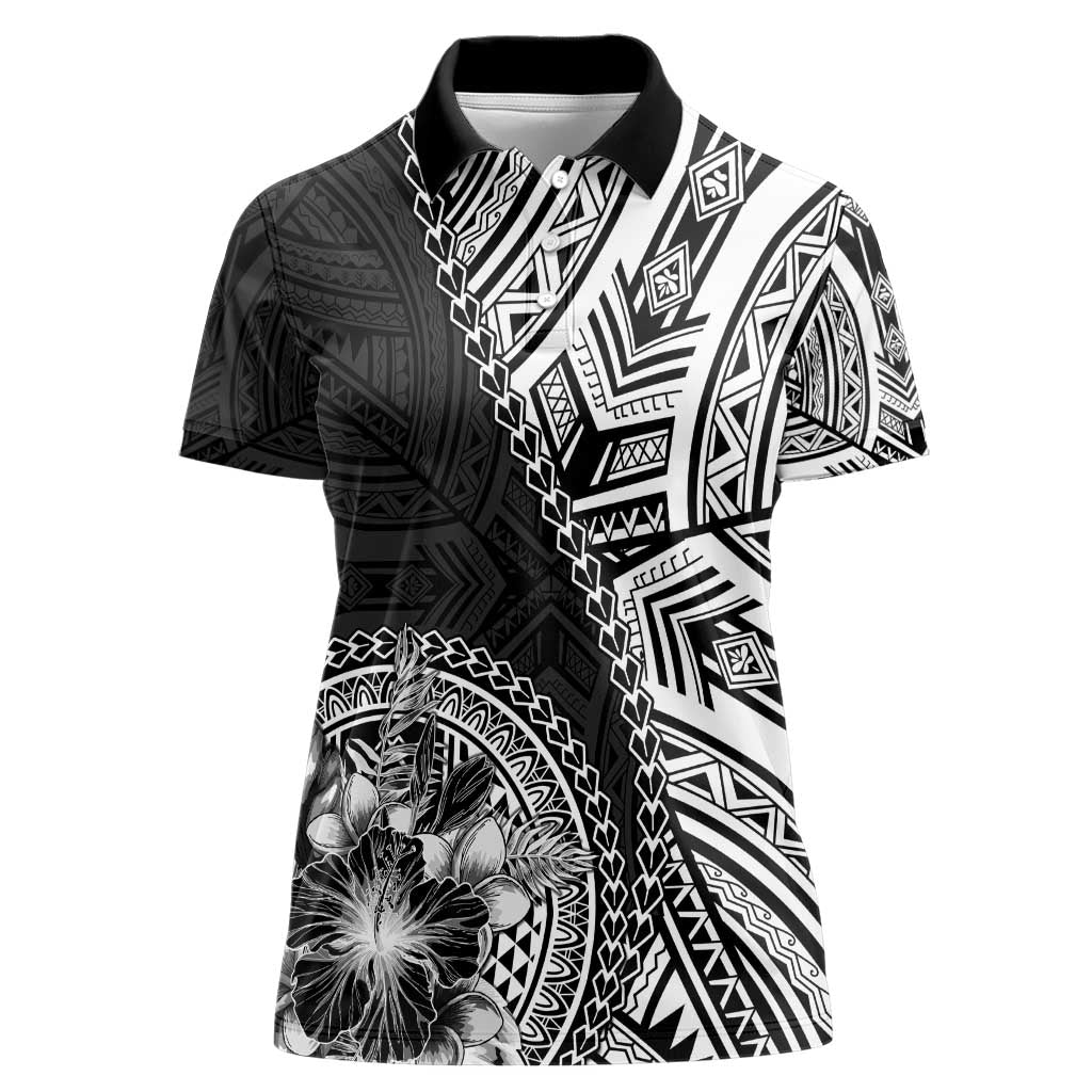 Hibiscus With Black Austronesian Tattoo Pattern Women Polo Shirt - Polynesian Pride