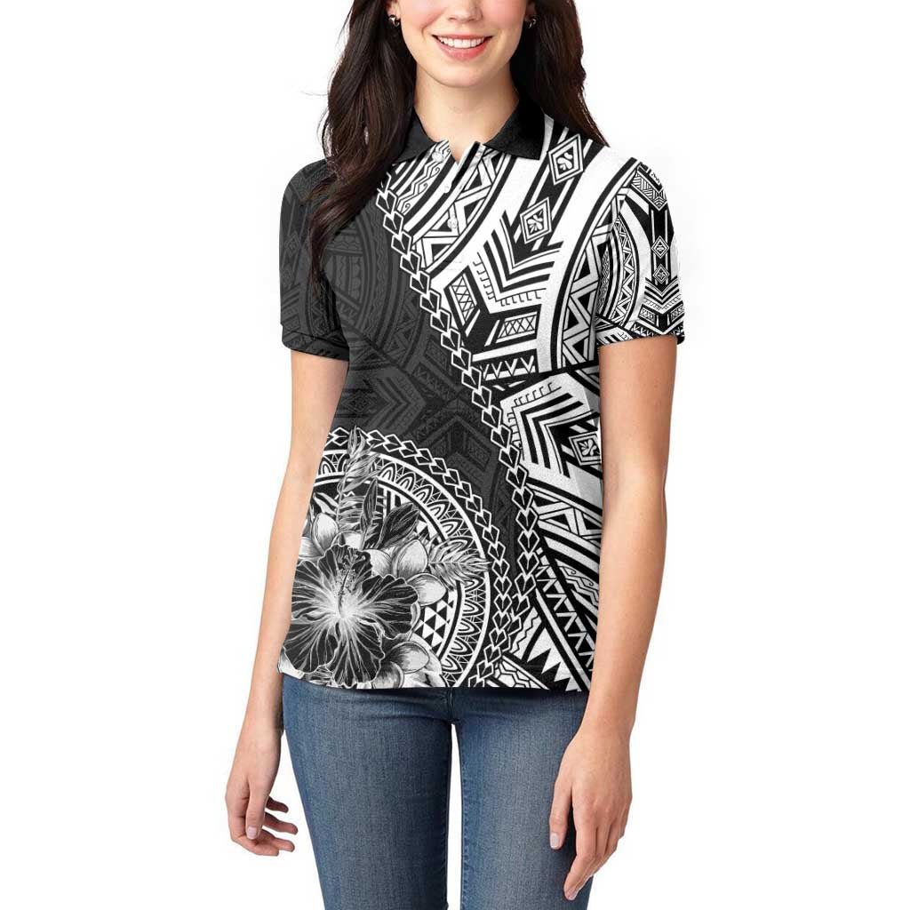 Hibiscus With Black Austronesian Tattoo Pattern Women Polo Shirt - Polynesian Pride