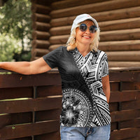 Hibiscus With Black Austronesian Tattoo Pattern Women Polo Shirt - Polynesian Pride