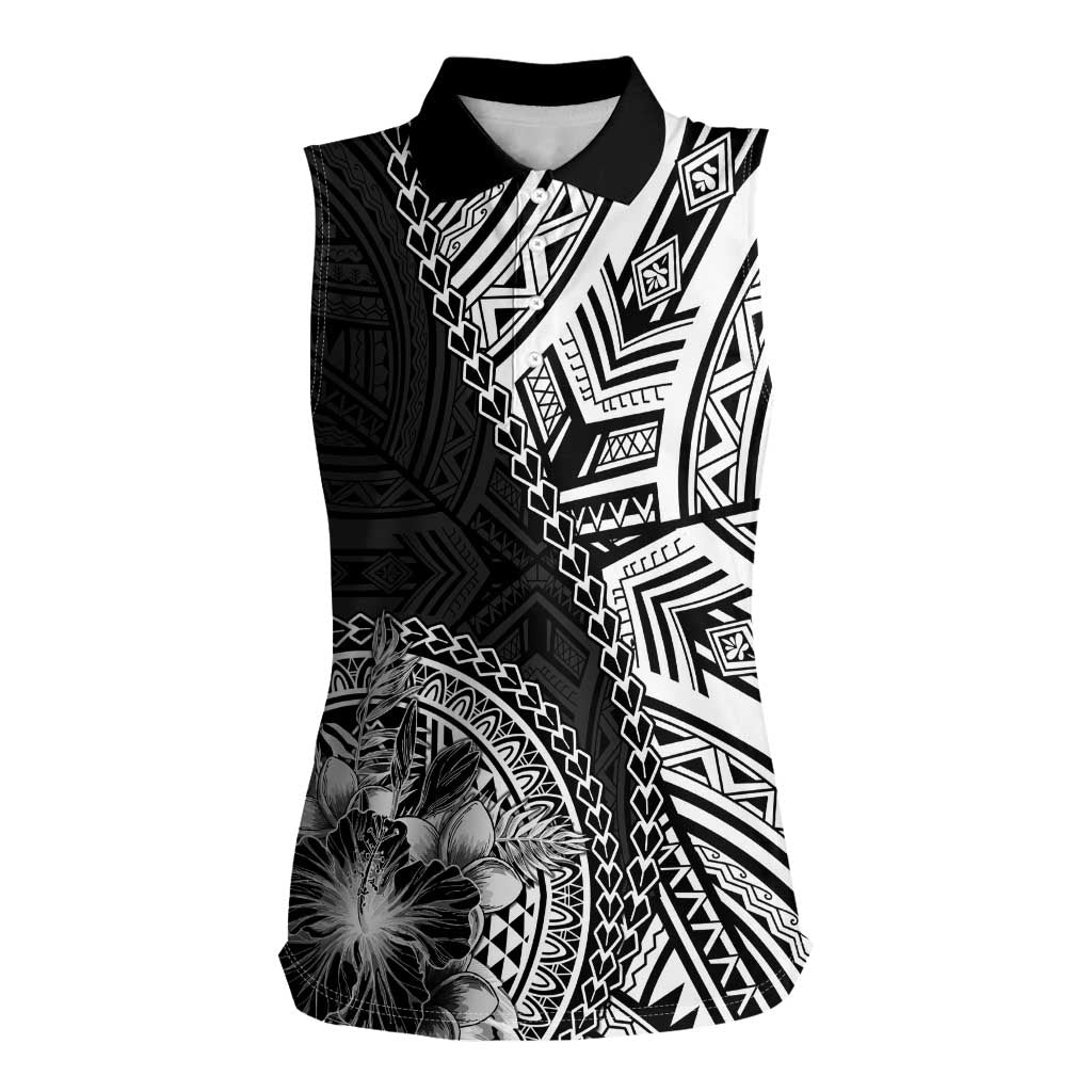 Hibiscus With Black Austronesian Tattoo Pattern Women Sleeveless Polo Shirt - Polynesian Pride