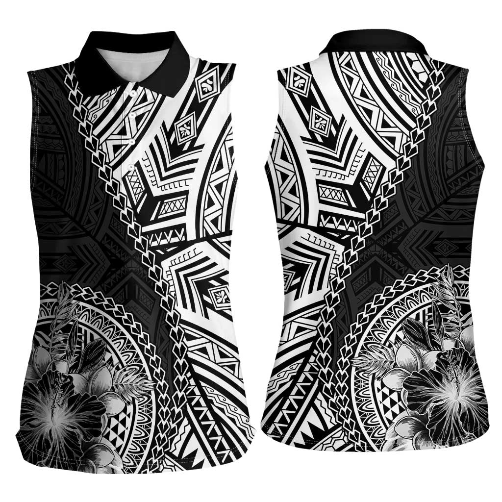 Hibiscus With Black Austronesian Tattoo Pattern Women Sleeveless Polo Shirt - Polynesian Pride