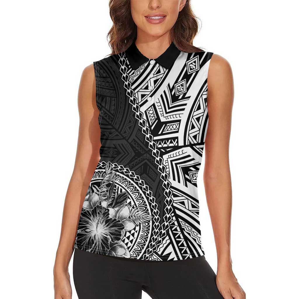 Hibiscus With Black Austronesian Tattoo Pattern Women Sleeveless Polo Shirt - Polynesian Pride