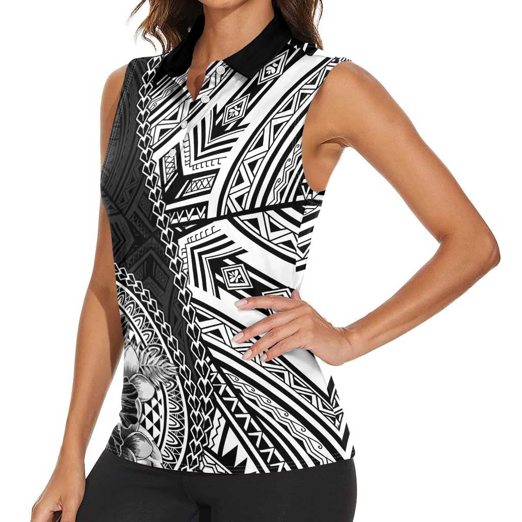 Hibiscus With Black Austronesian Tattoo Pattern Women Sleeveless Polo Shirt - Polynesian Pride