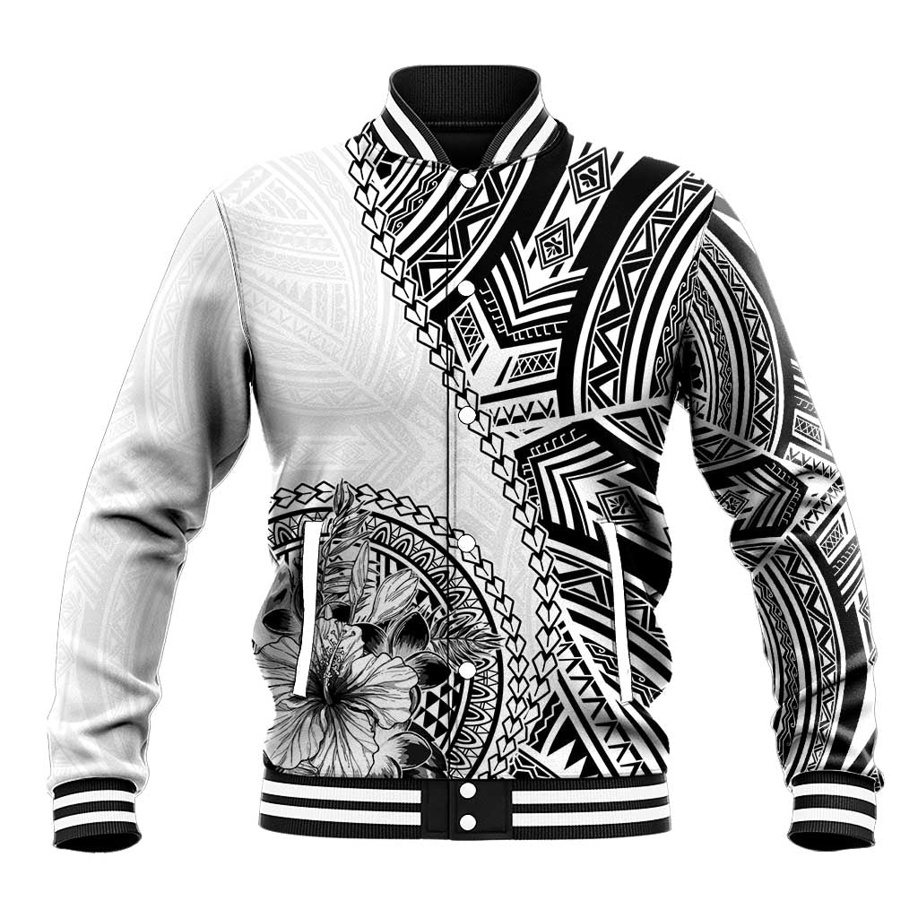 Hibiscus With White Austronesian Tattoo Pattern Baseball Jacket LT05 Unisex White - Polynesian Pride